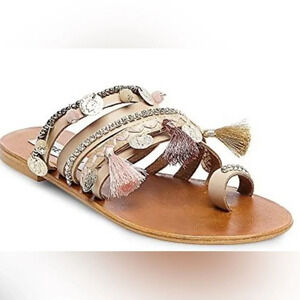 Steve Madden Rippel leather bead/coin/crystal/tassel/stitching metallic sandals
